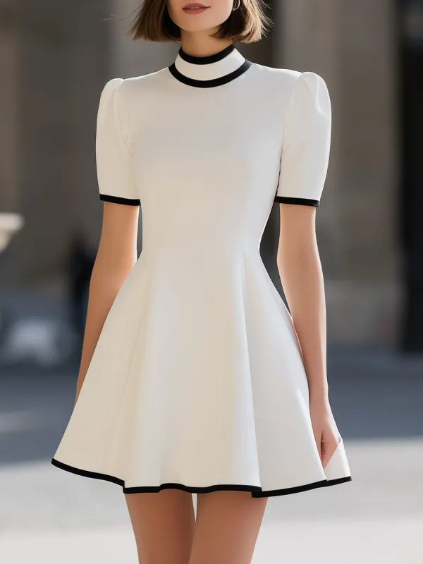 White Contrast Trim High Neck Short Sleeve Flared A-Line Mini Dress made by Something Navy