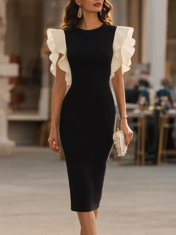 Ruffled Shoulder Contrast Sleeve Pencil Midi Dress made by Mooyius