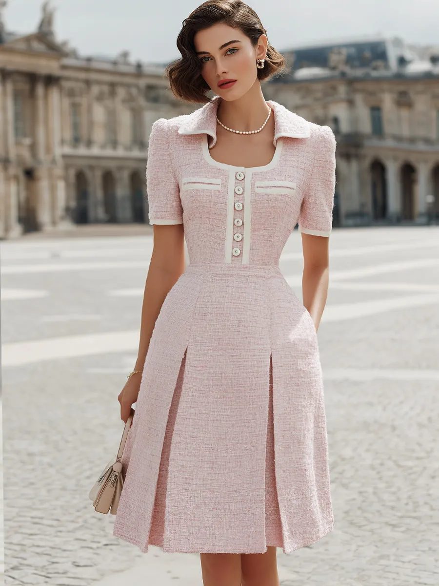 Elegant Pink Tweed Contrast Trim Square Neck A-Line Midi Dress sold by Mooyius product image thumbnail 2