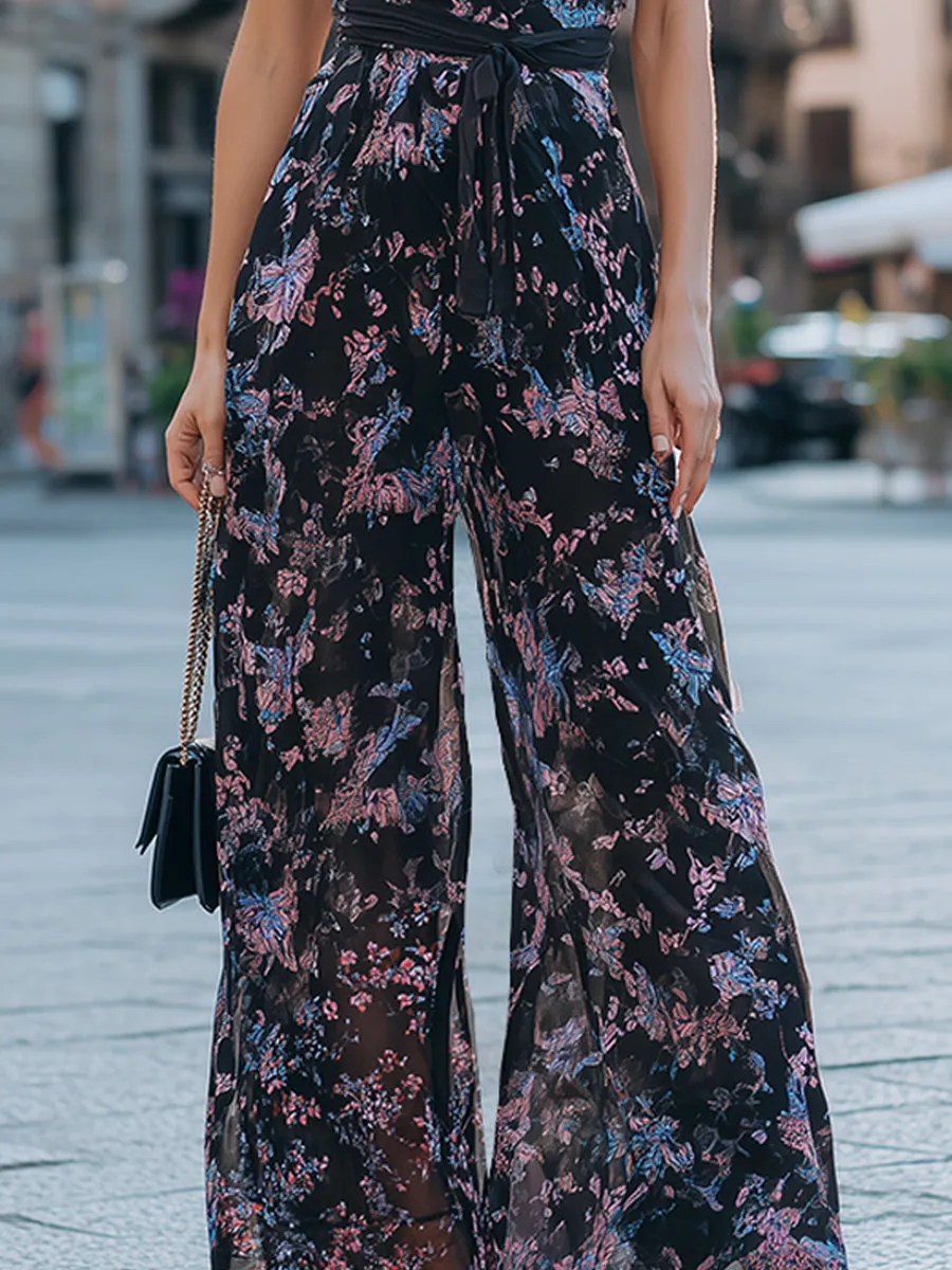 Floral Print Sweetheart Neck Tie-Shoulder Wide-Leg Jumpsuit sold by Mooyius product image thumbnail 4