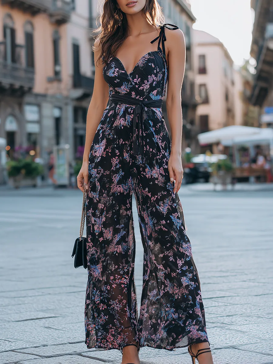 Floral Print Sweetheart Neck Tie-Shoulder Wide-Leg Jumpsuit sold by Mooyius