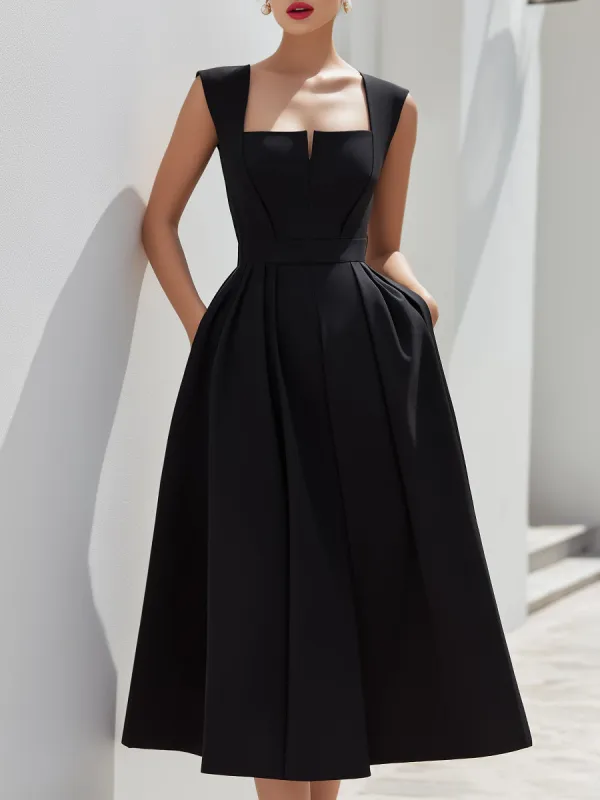 Structured Square-Neck Pleated Midi Dress made by Mooyius