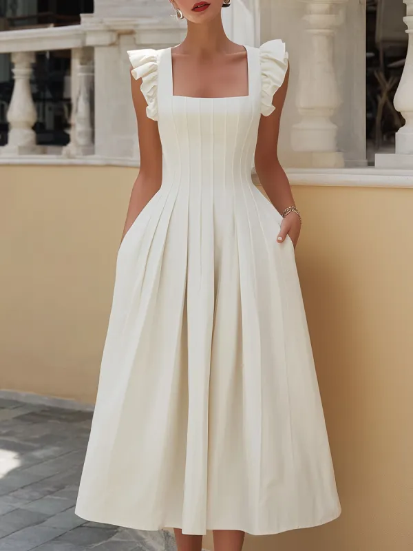 Square-Neck Ruffle Shoulder Pleated Midi Dress made by Mooyius