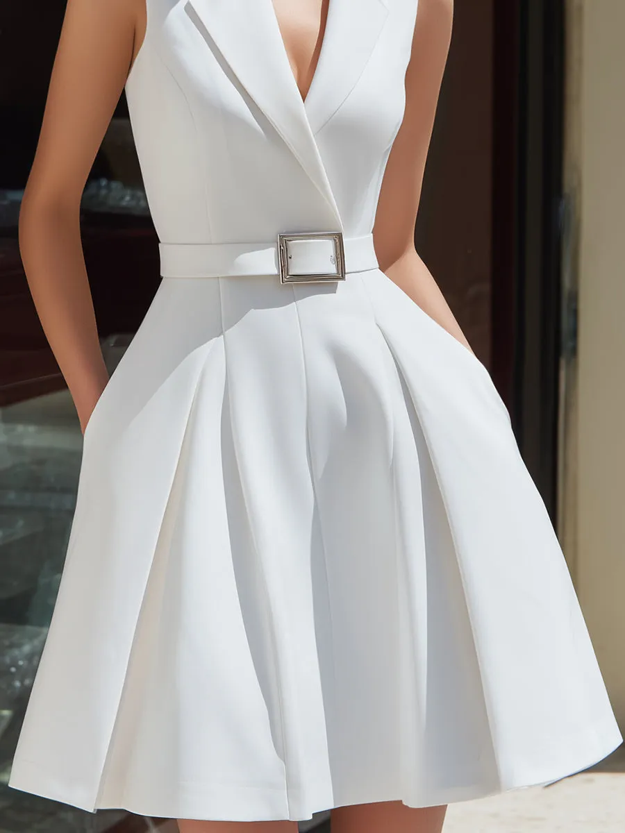 Sleeveless Lapel Collar Belted Pleated Mini Dress sold by Mooyius product image thumbnail 3