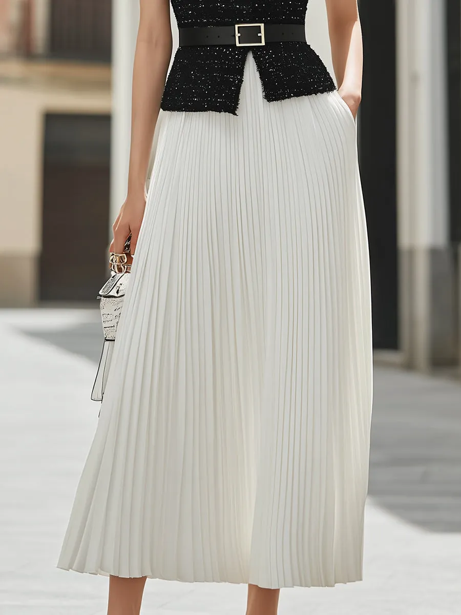 Elegant Black Tweed Sleeveless Vest & White Pleated Maxi Skirt Two-Piece Set sold by Mooyius product image thumbnail 3