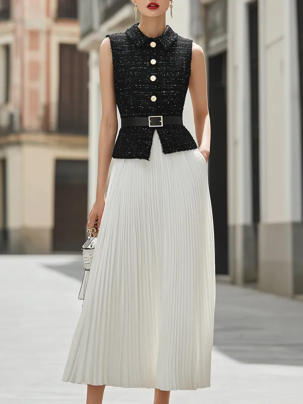 Elegant Black Tweed Sleeveless Vest & White Pleated Maxi Skirt Two-Piece Set made by Mooyius