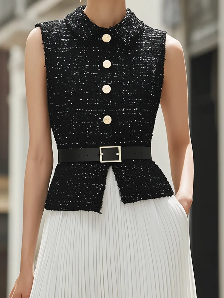 Elegant Black Tweed Sleeveless Vest & White Pleated Maxi Skirt Two-Piece Set sold by Mooyius product image thumbnail 2