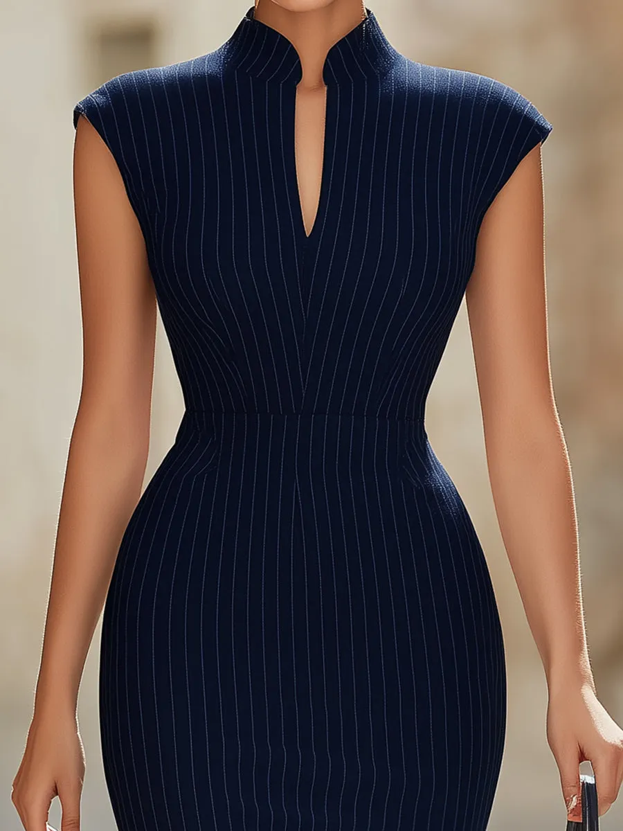 Elegant Navy Blue Pinstripe Stand Collar Bodycon Midi Dress sold by Mooyius product image thumbnail 3