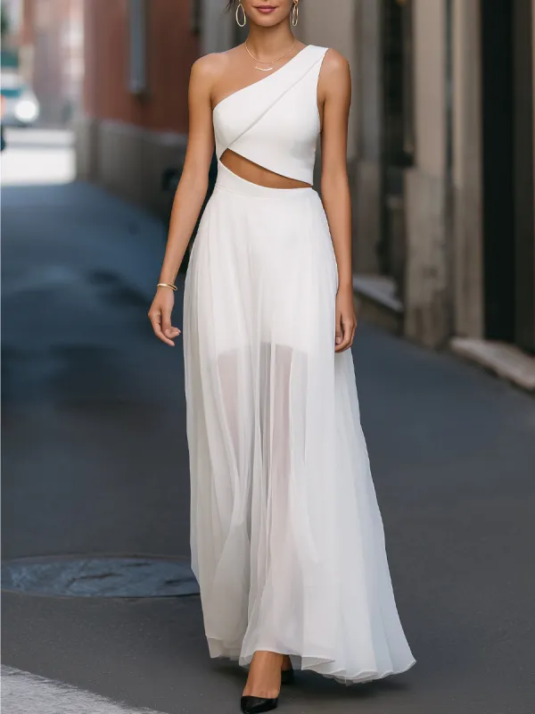 Asymmetric Cut-Out Sheer Flowing Maxi Dress made by Mooyius
