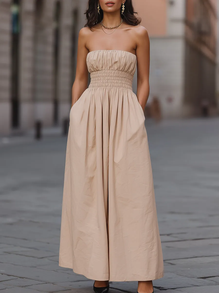 Strapless Smocked Waist Wide-Leg Jumpsuit sold by Mooyius