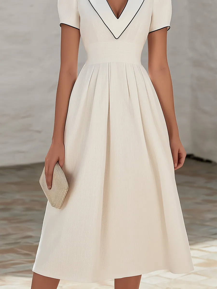 Contrast Trim V-Neck Pleated A-Line Midi Dress sold by Mooyius product image thumbnail 3