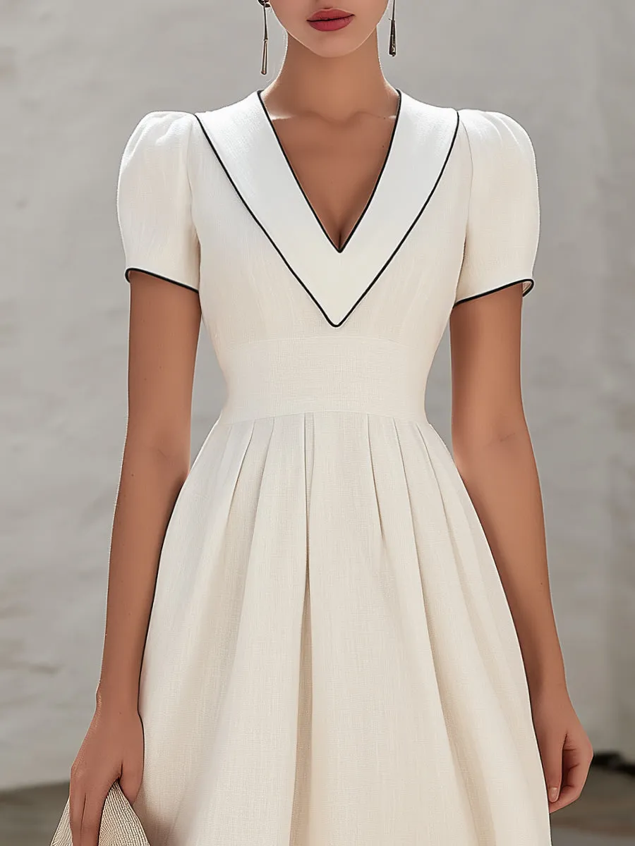 Contrast Trim V-Neck Pleated A-Line Midi Dress sold by Mooyius product image thumbnail 2