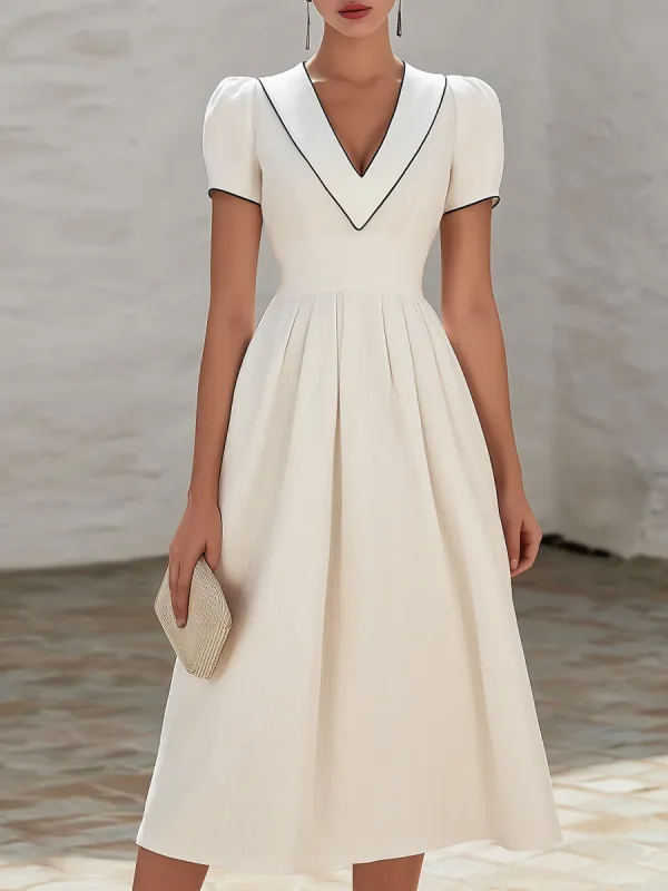 Contrast Trim V-Neck Pleated A-Line Midi Dress made by Mooyius