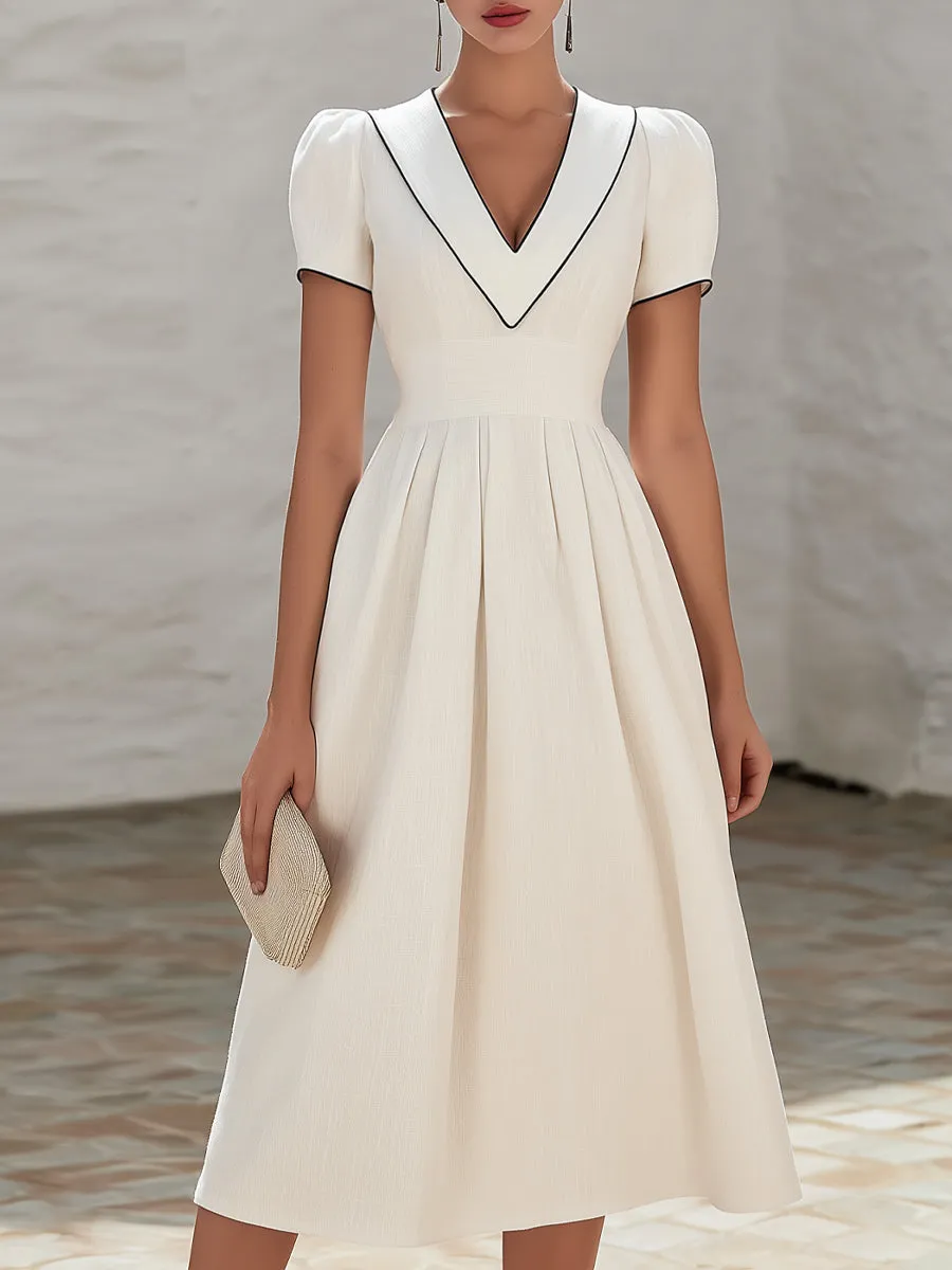 Contrast Trim V-Neck Pleated A-Line Midi Dress sold by Mooyius