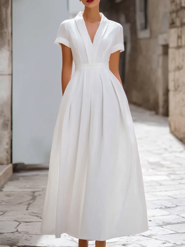 V-Neck Short Sleeve Pleated A-Line Maxi Dress made by Mooyius