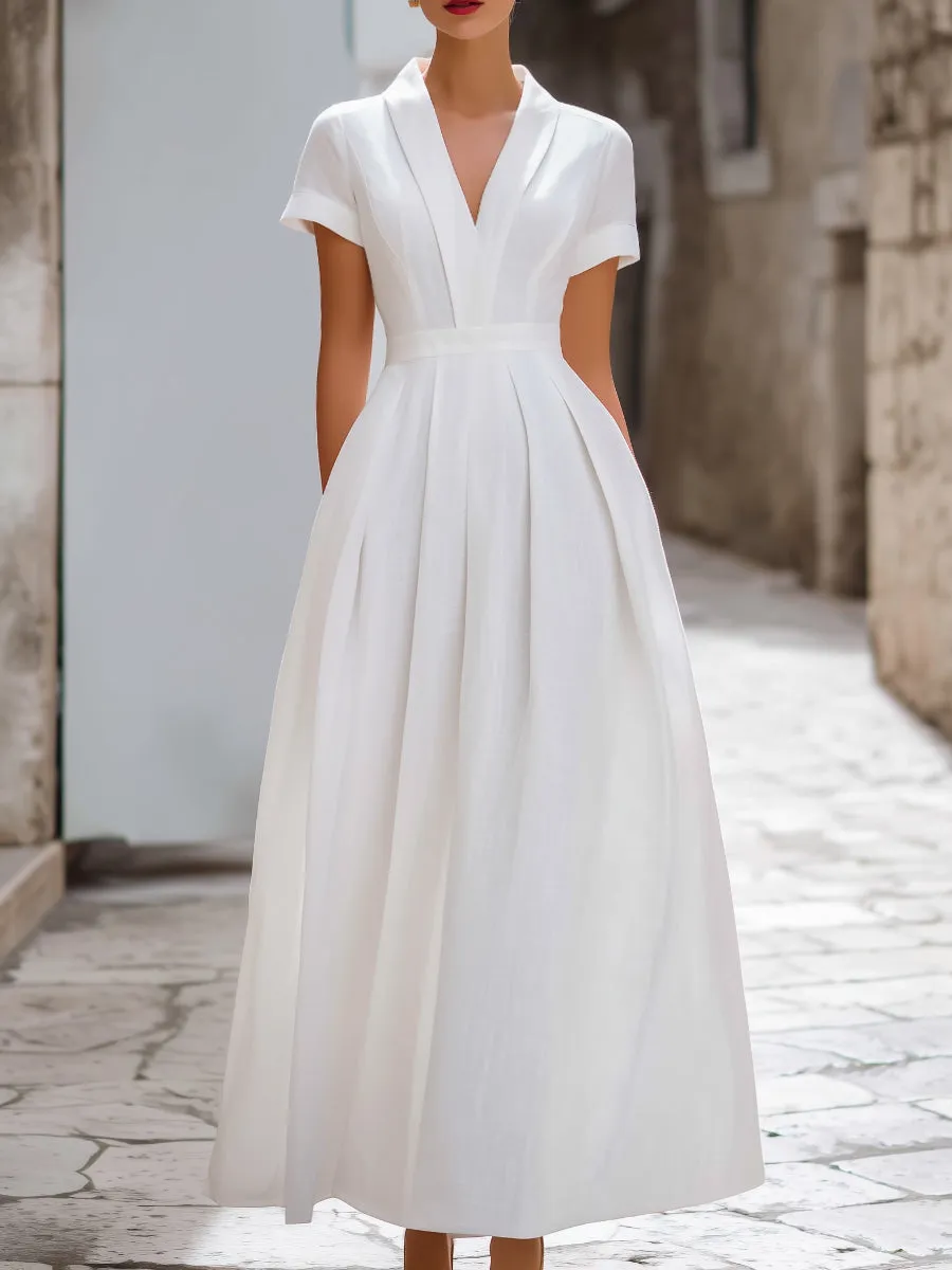 V-Neck Short Sleeve Pleated A-Line Maxi Dress sold by Mooyius