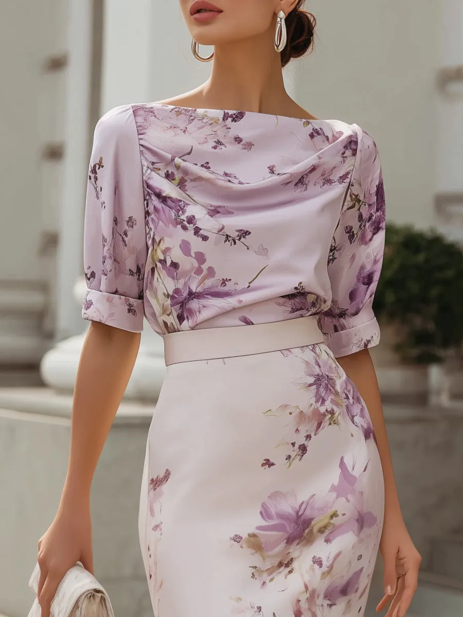 Floral Print Draped Neck Structured Pencil Midi Dress sold by Mooyius product image thumbnail 2