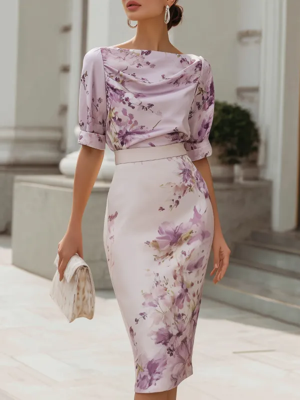 Floral Print Draped Neck Structured Pencil Midi Dress made by Mooyius