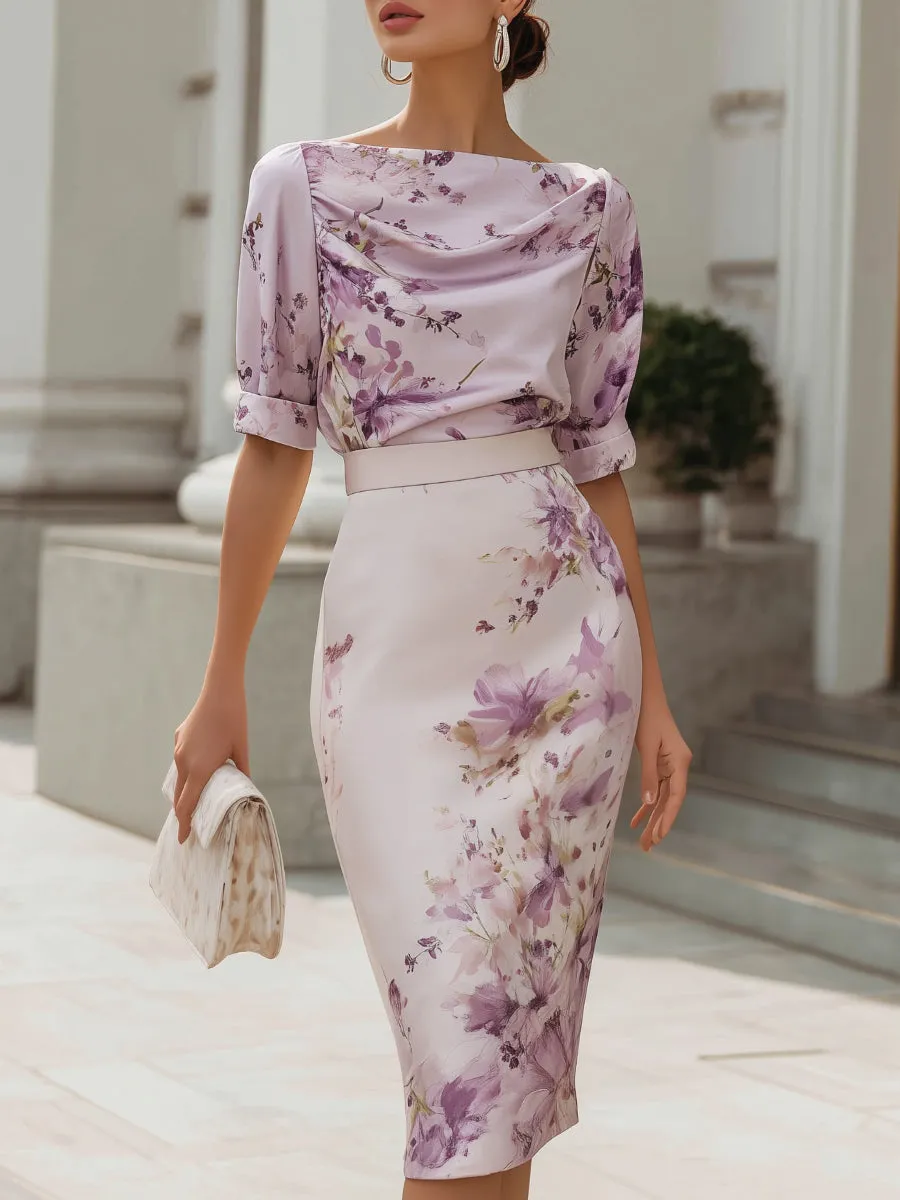 Floral Print Draped Neck Structured Pencil Midi Dress sold by Mooyius