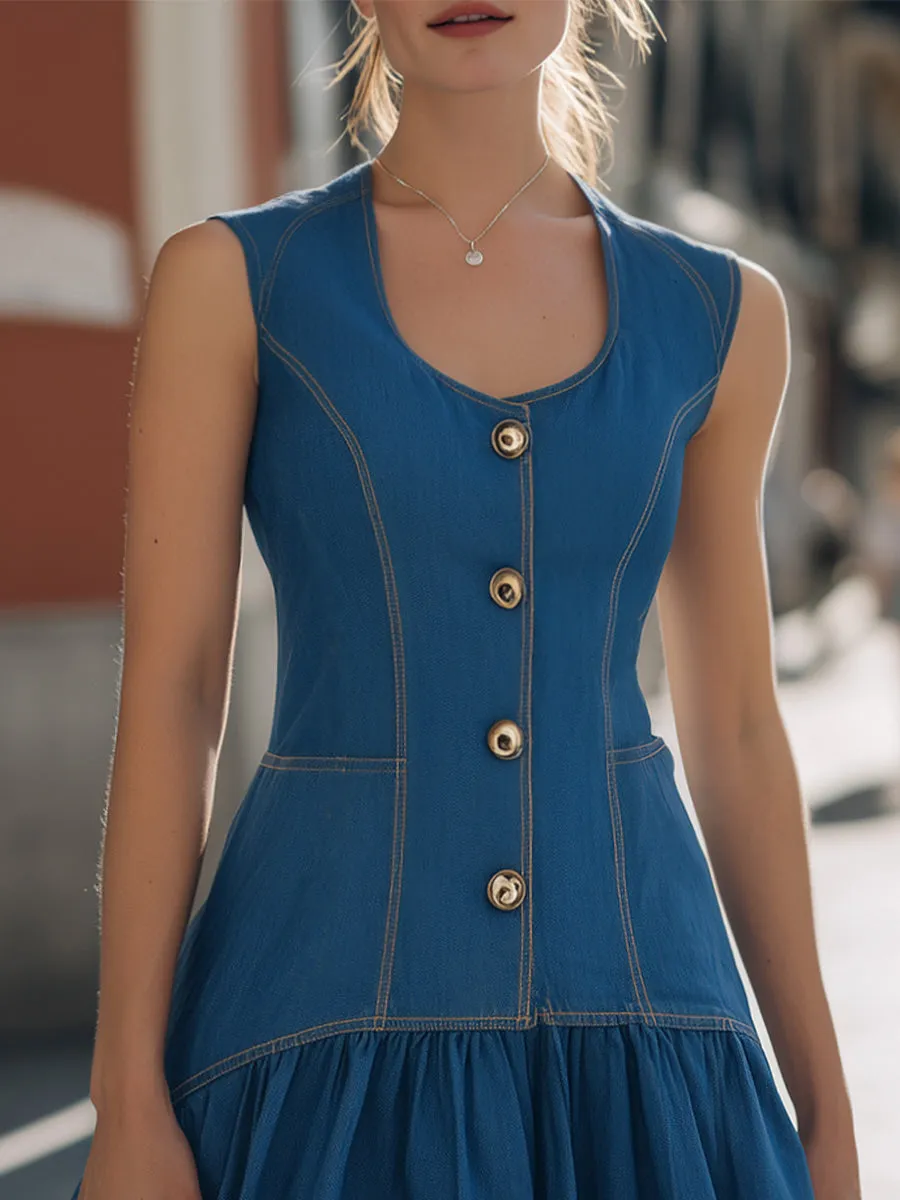 Blue Denim Sleeveless U-Neck Button-Front Ruffle Hem Mini Dress sold by Mooyius product image thumbnail 2