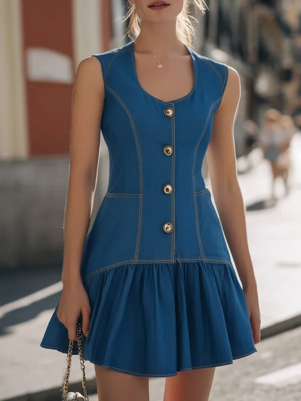 Blue Denim Sleeveless U-Neck Button-Front Ruffle Hem Mini Dress made by Something Navy