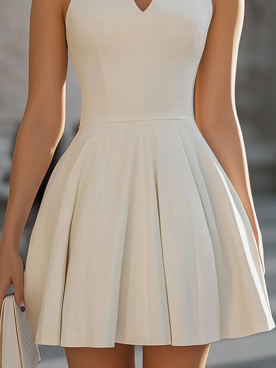 White Sleeveless Keyhole Neckline Pleated Flared A-Line Mini Dress sold by Mooyius product image thumbnail 3