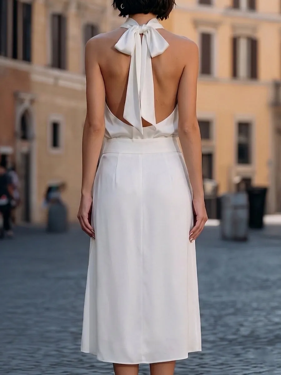 Halter Tie-Back Draped Top & A-Line Midi Skirt Set sold by Mooyius product image thumbnail 2