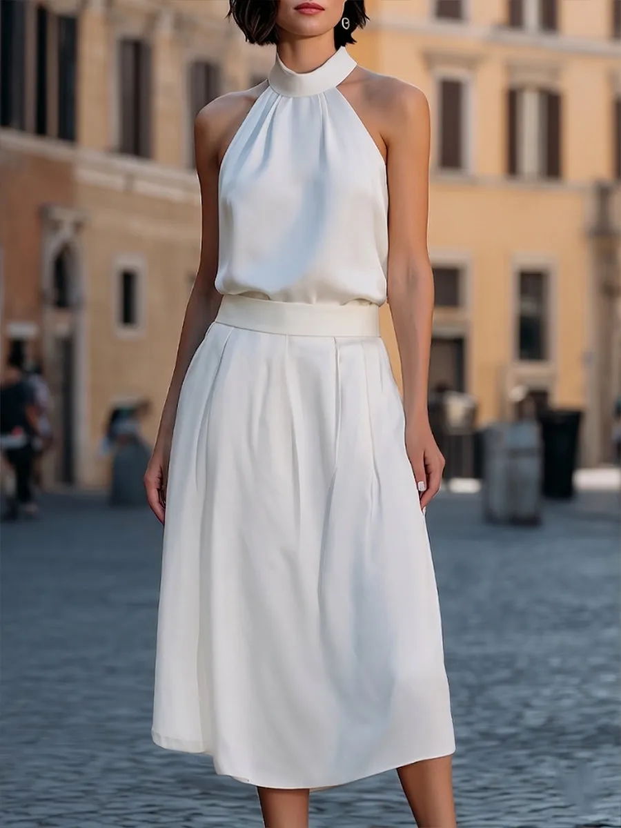 Halter Tie-Back Draped Top & A-Line Midi Skirt Set sold by Mooyius