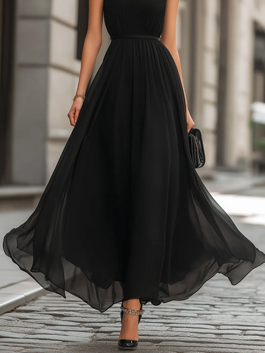 Sleeveless Cinched Waist Flowing Chiffon Maxi Dress sold by Mooyius product image thumbnail 3