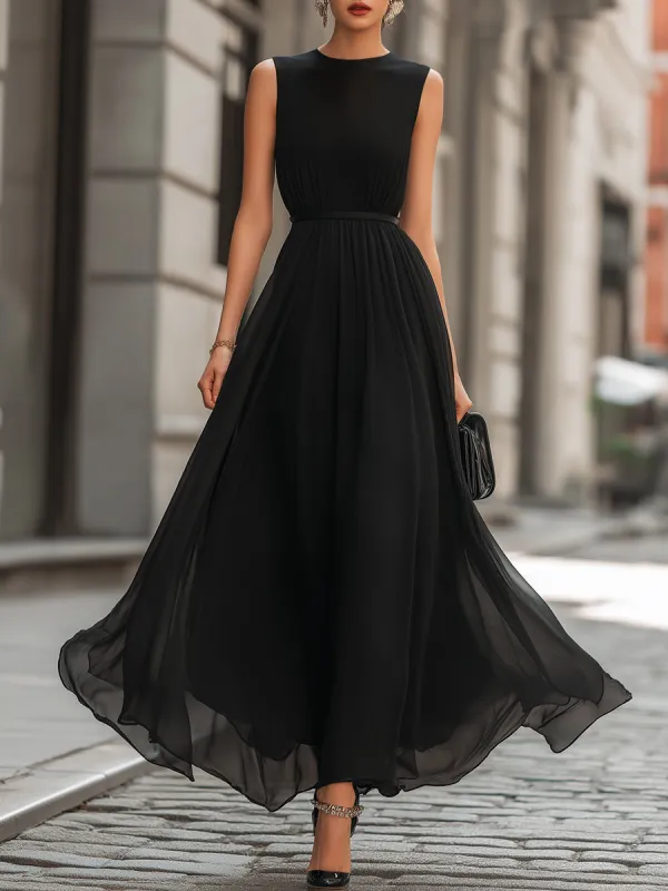 Sleeveless Cinched Waist Flowing Chiffon Maxi Dress made by Mooyius