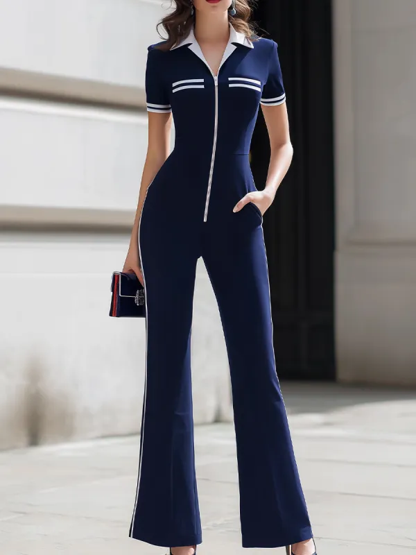 Navy Blue Contrast Trim Zip-Up Collared Flare Leg Jumpsuit With Pockets made by Something Navy