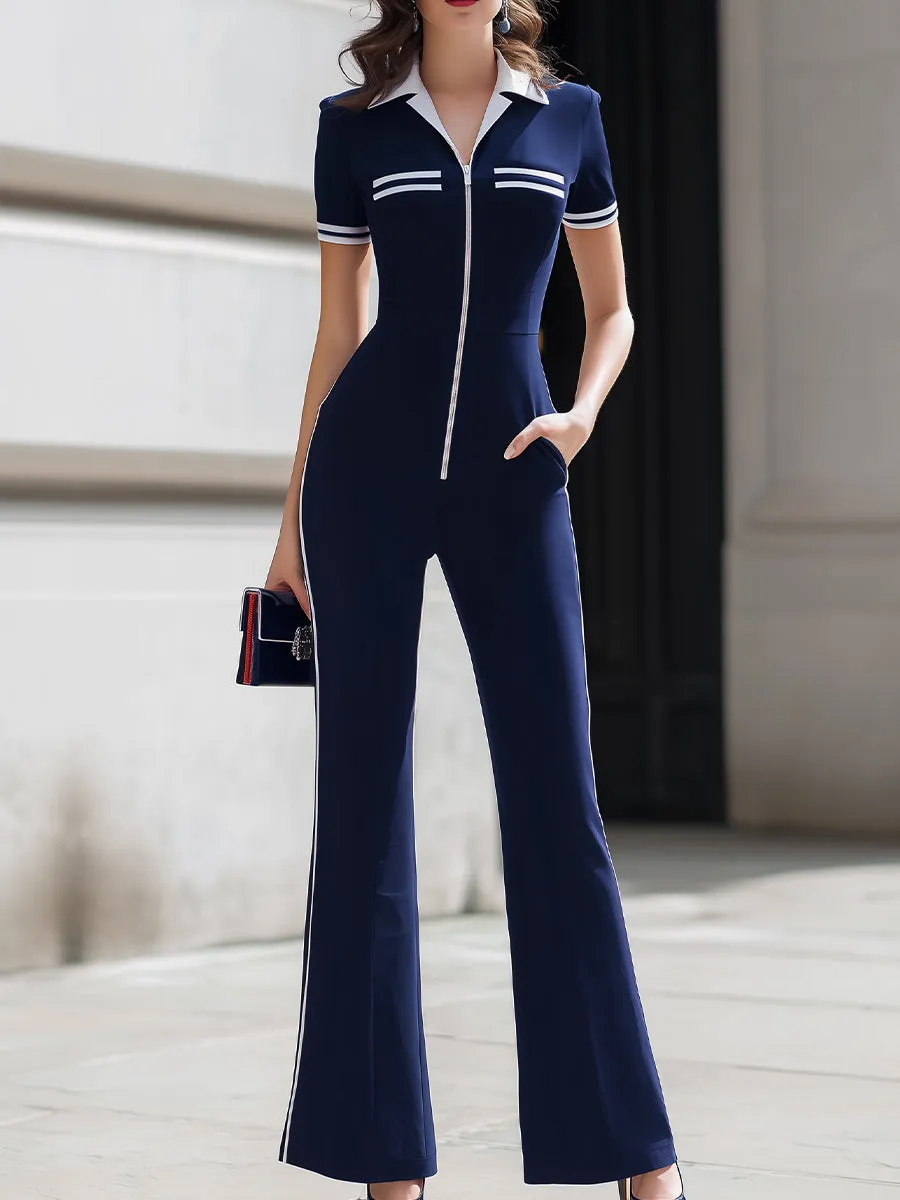Navy Blue Contrast Trim Zip-Up Collared Flare Leg Jumpsuit With Pockets sold by Mooyius