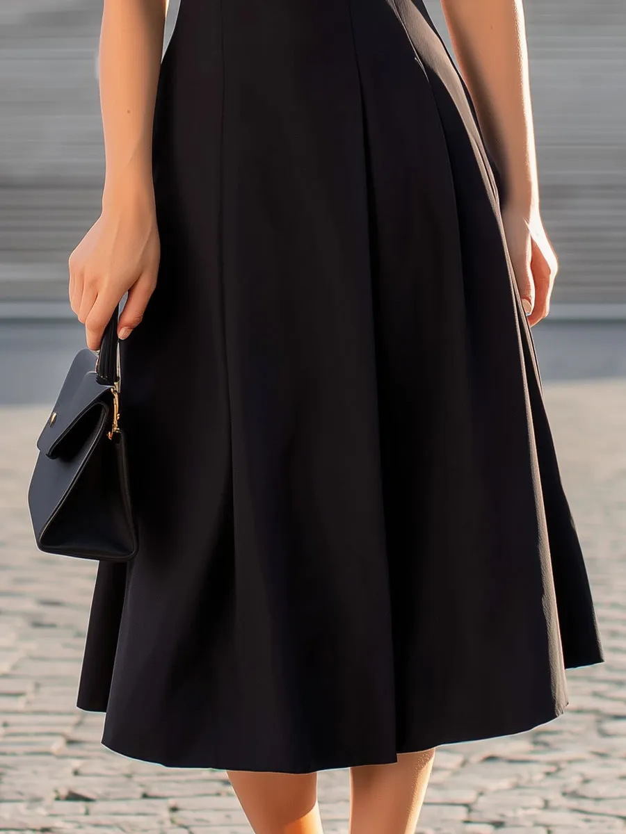 Black Scalloped Edge V-Neck Sleeveless Fit-and-Flare Midi Dress sold by Mooyius product image thumbnail 3
