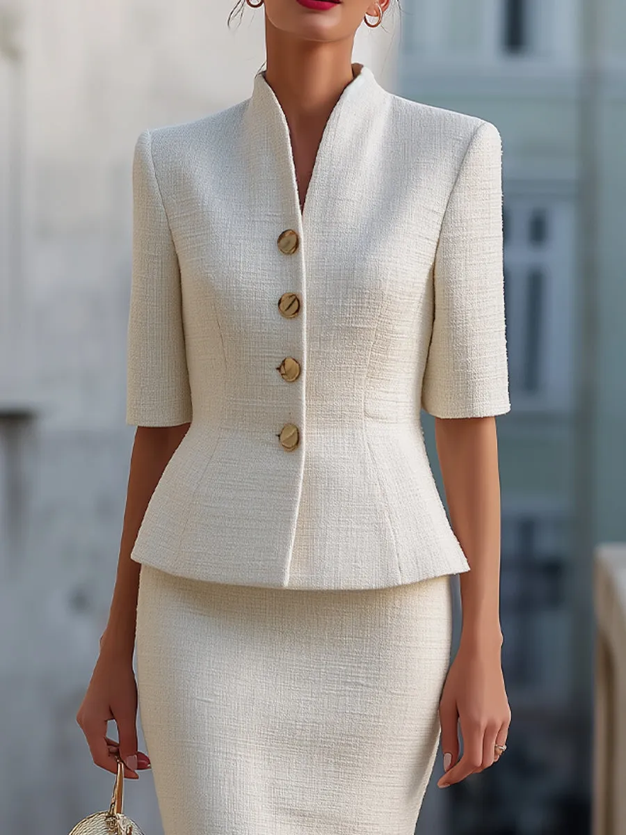 White Tweed Stand Collar Peplum Blazer & Midi Pencil Skirt Two-Piece Suit sold by Mooyius product image thumbnail 2