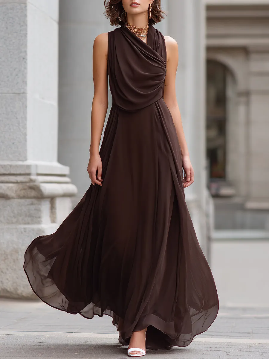 Elegant Brown Draped Cowl Neck Sleeveless Chiffon Maxi Dress sold by Mooyius