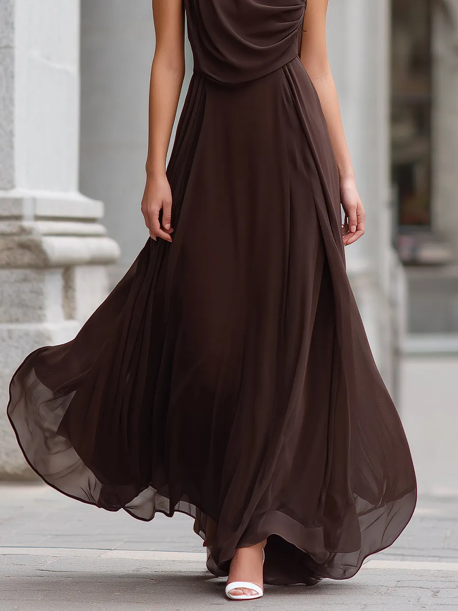 Elegant Brown Draped Cowl Neck Sleeveless Chiffon Maxi Dress sold by Mooyius product image thumbnail 3