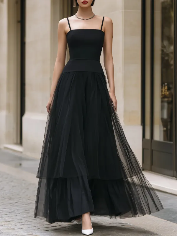 Elegant Black Tiered Tulle Maxi Dress made by Mooyius