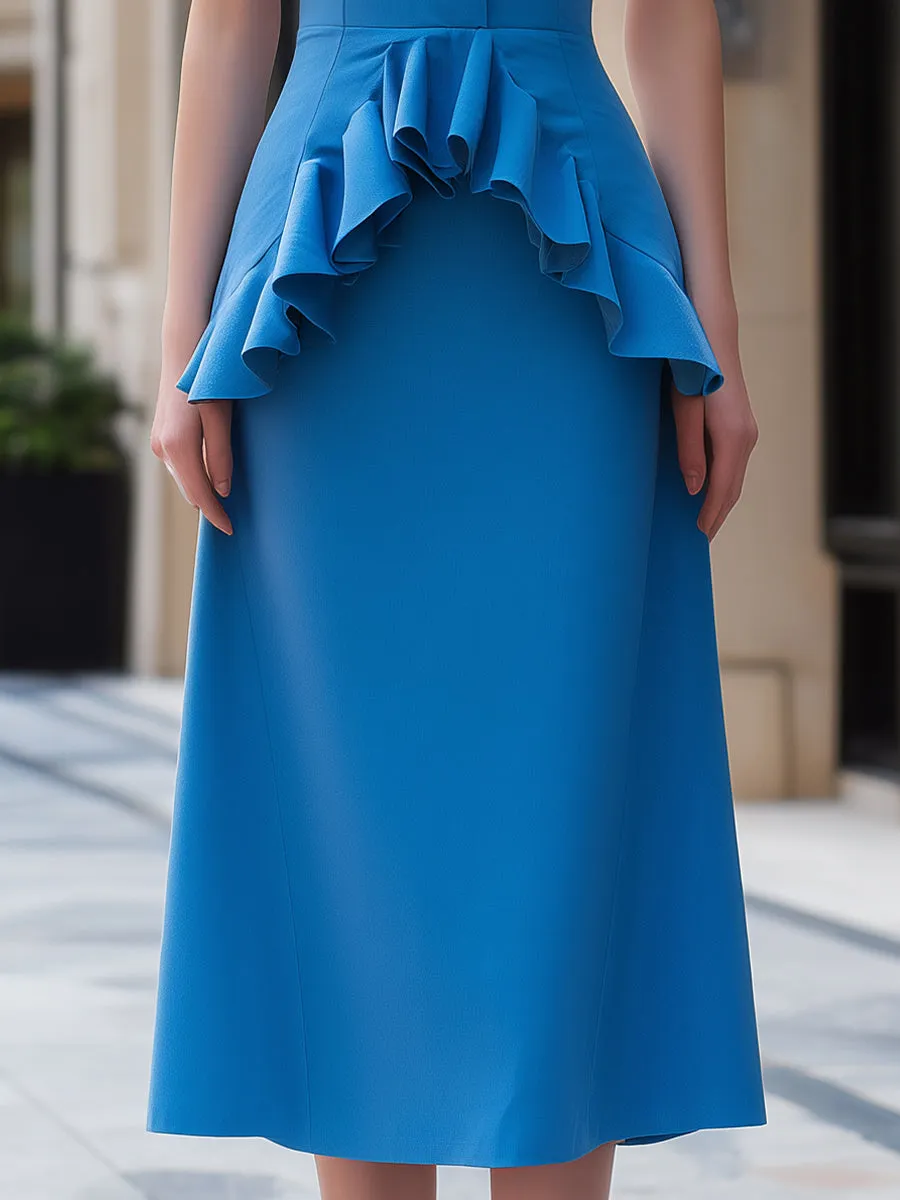 Elegant Blue Sleeveless Ruffle Waist Midi Dress sold by Mooyius product image thumbnail 3
