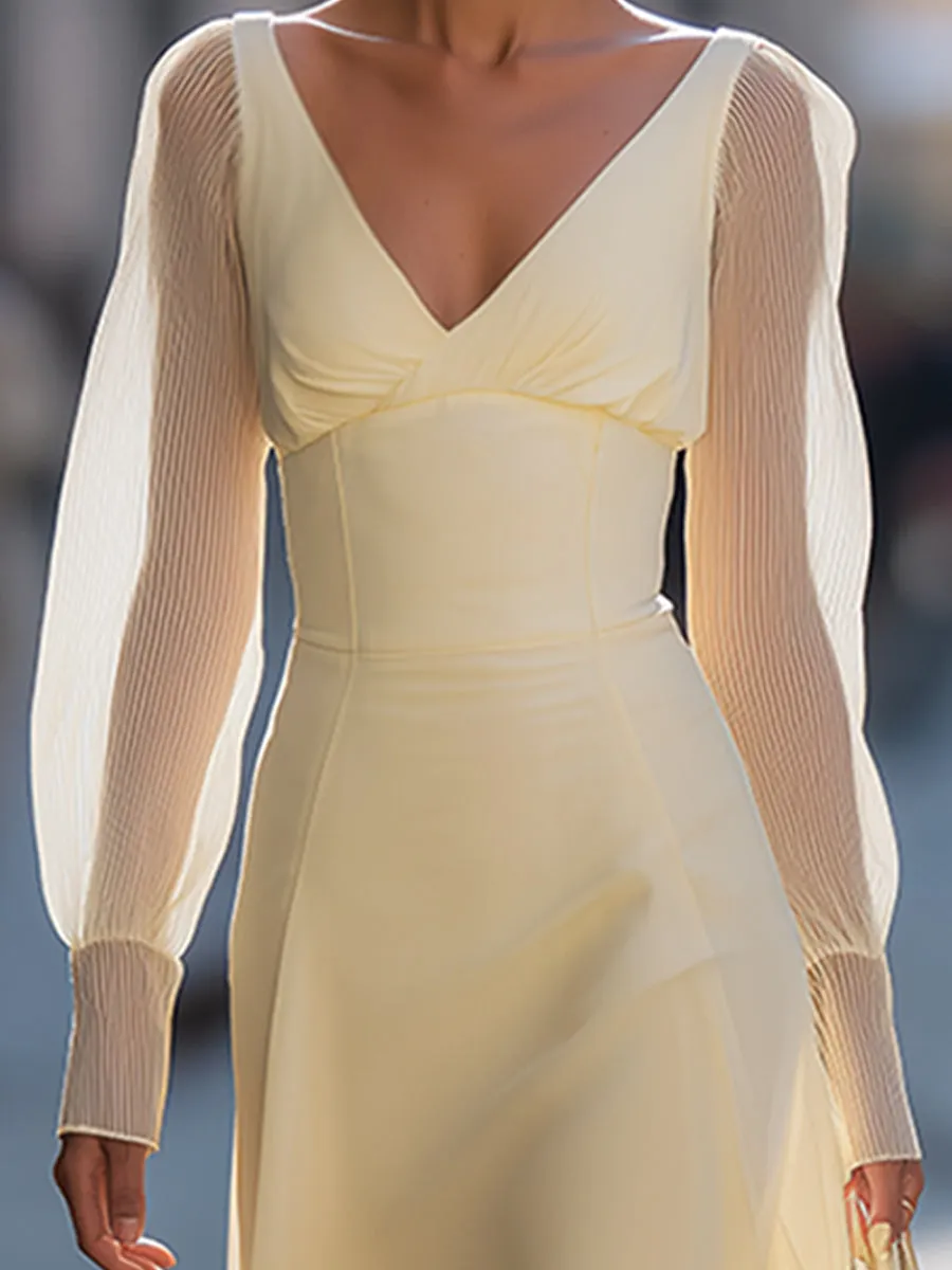 Sheer Sleeve V-Neck Structured Waist Midi Dress sold by Mooyius product image thumbnail 4