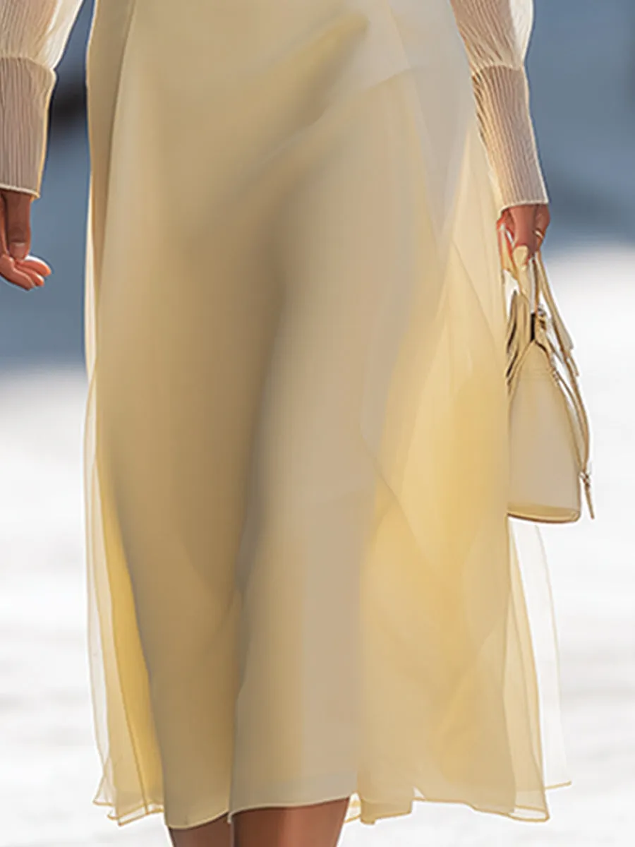 Sheer Sleeve V-Neck Structured Waist Midi Dress sold by Mooyius product image thumbnail 3