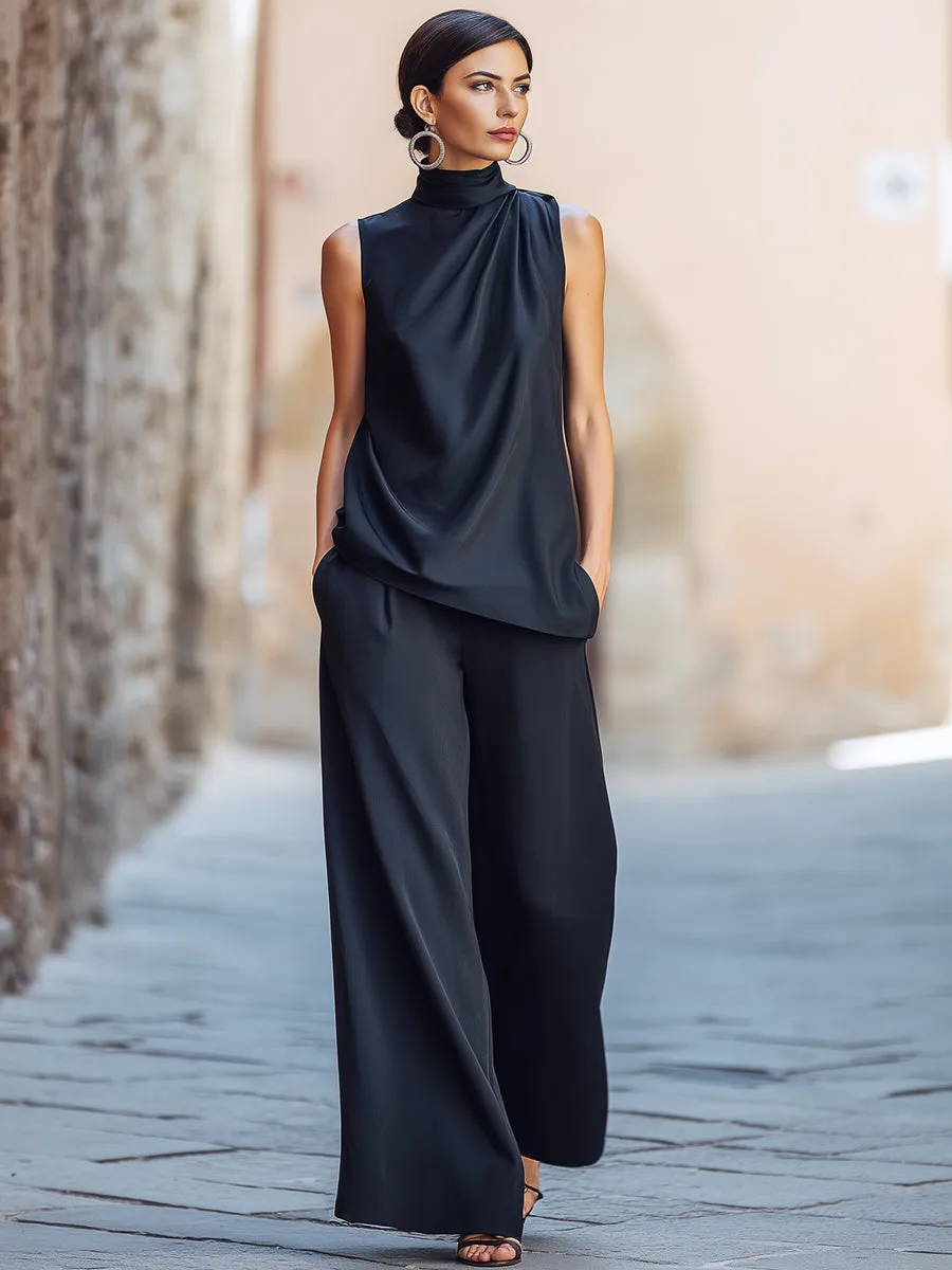 High-Neck Draped Sleeveless Top And Wide-Leg Pants Set sold by Mooyius product image thumbnail 2