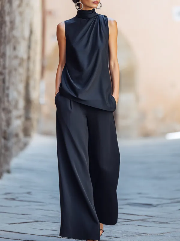 High-Neck Draped Sleeveless Top And Wide-Leg Pants Set made by Mooyius