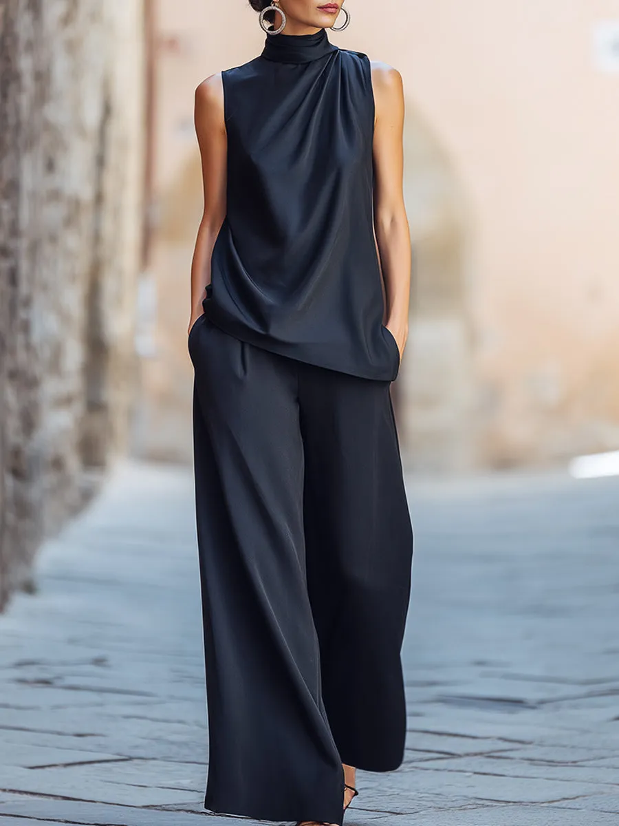 High-Neck Draped Sleeveless Top And Wide-Leg Pants Set sold by Mooyius
