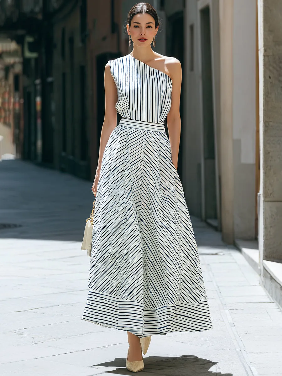 One-Shoulder Striped Pleated Midi Dress sold by Mooyius product image thumbnail 2