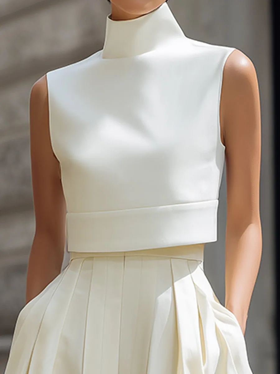 High-Neck Cropped Top And Pleated Wide-Leg Pants Set sold by Mooyius product image thumbnail 2