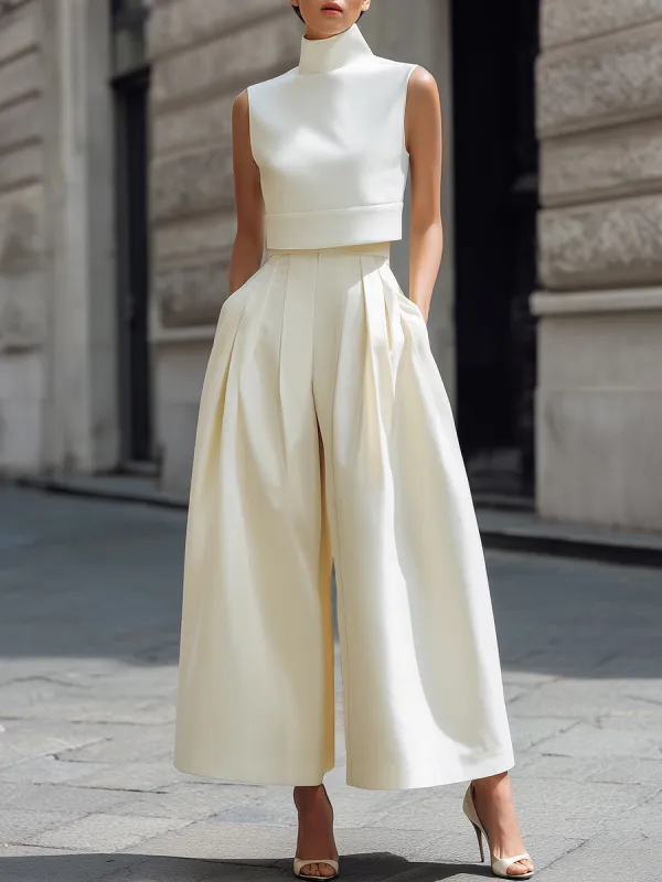 High-Neck Cropped Top And Pleated Wide-Leg Pants Set made by Mooyius