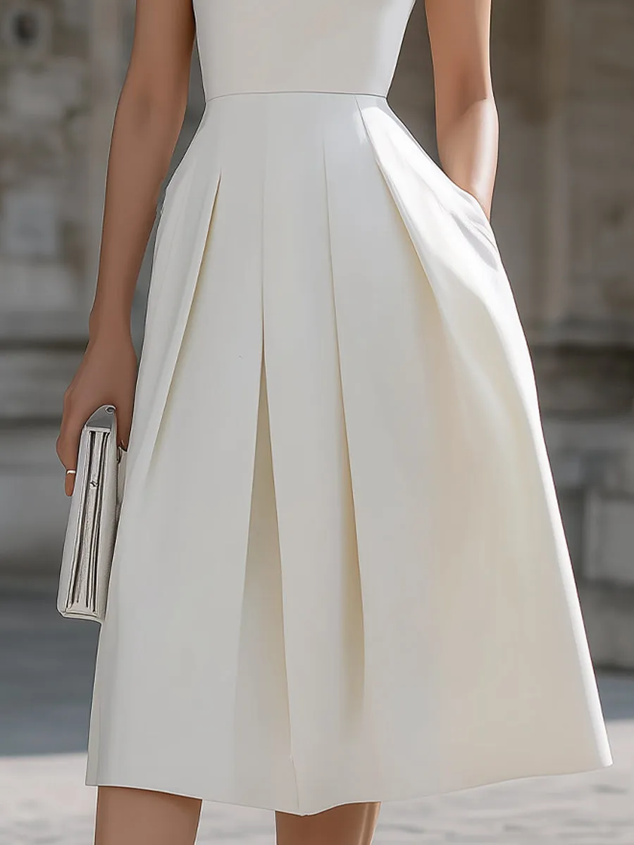 White One-Shoulder Draped Pleated A-Line Midi Dress With Pockets sold by Mooyius product image thumbnail 3