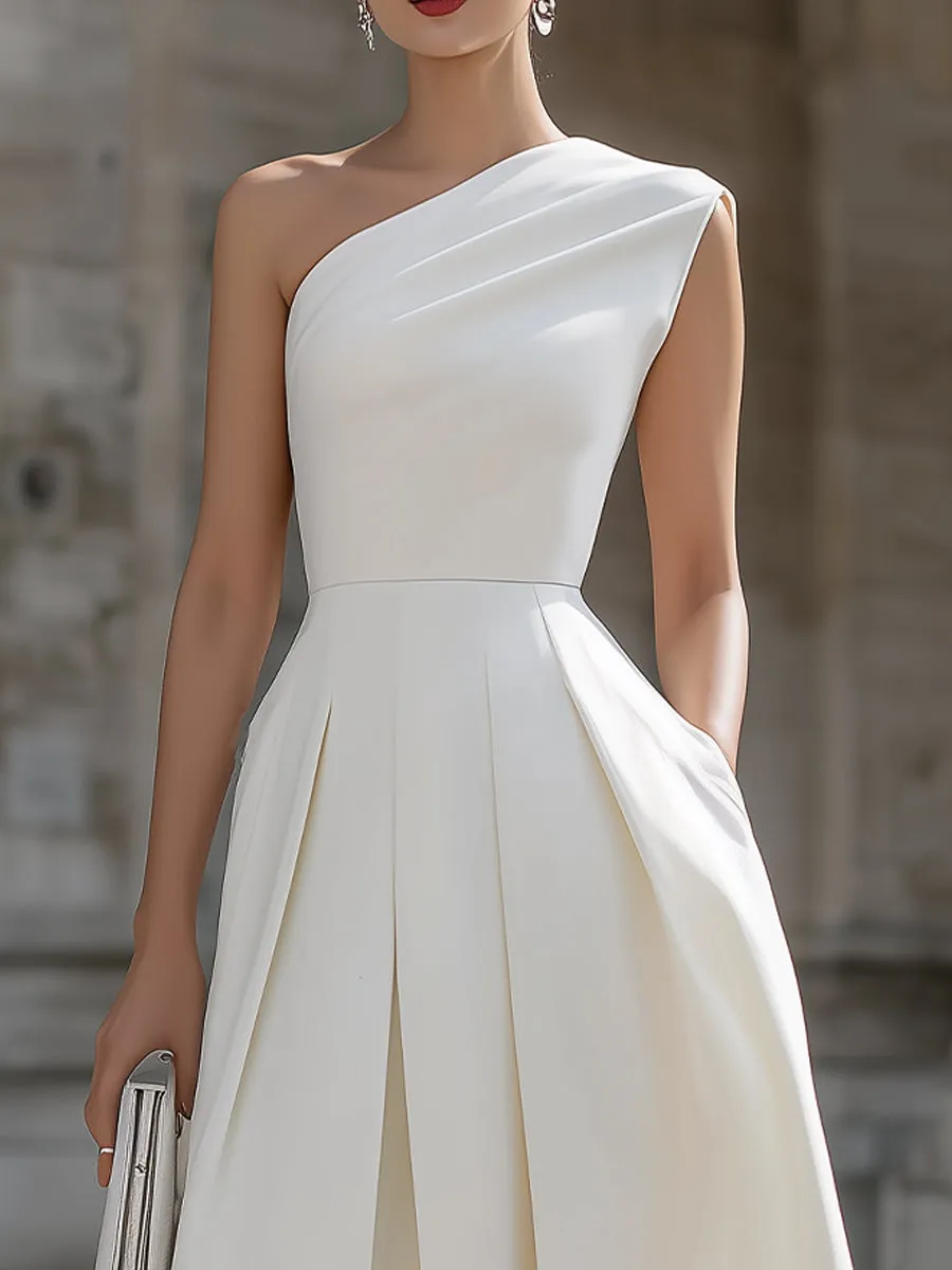 White One-Shoulder Draped Pleated A-Line Midi Dress With Pockets sold by Mooyius product image thumbnail 2