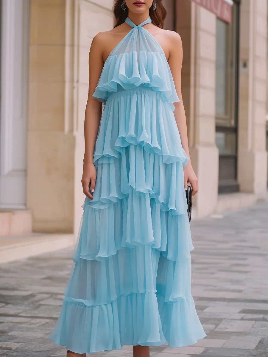 Sky Blue Halter Neck Ruffle Tiered Chiffon Maxi Dress sold by Mooyius product image thumbnail 2
