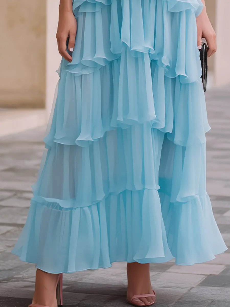 Sky Blue Halter Neck Ruffle Tiered Chiffon Maxi Dress sold by Mooyius product image thumbnail 3